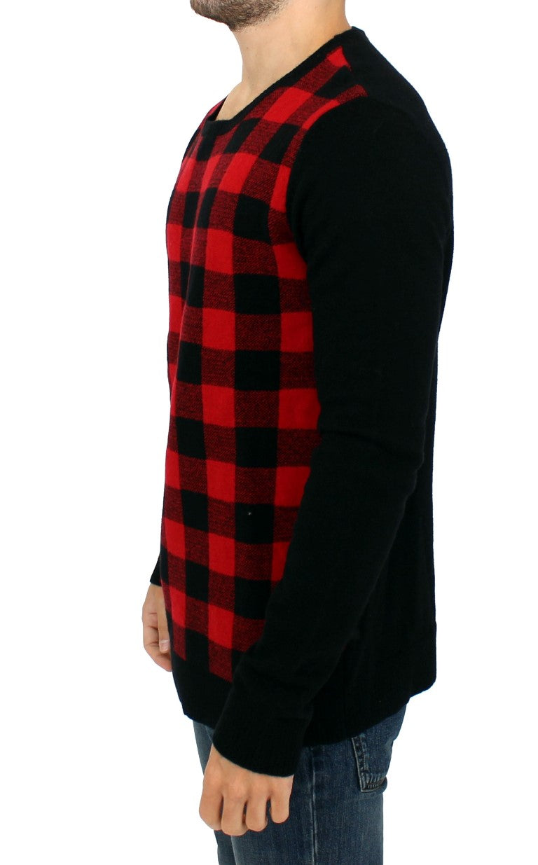 Chic Red & Black Checkered Wool Crewneck Sweater