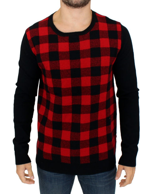 Chic Red & Black Checkered Wool Crewneck Sweater