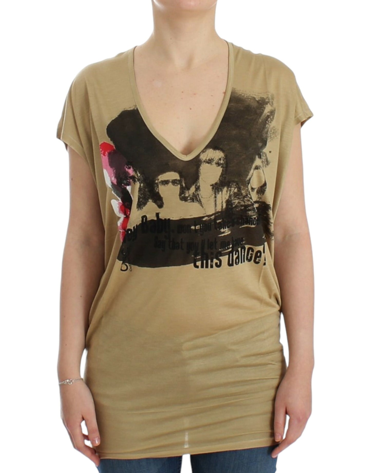 Beige motive print t-shirt