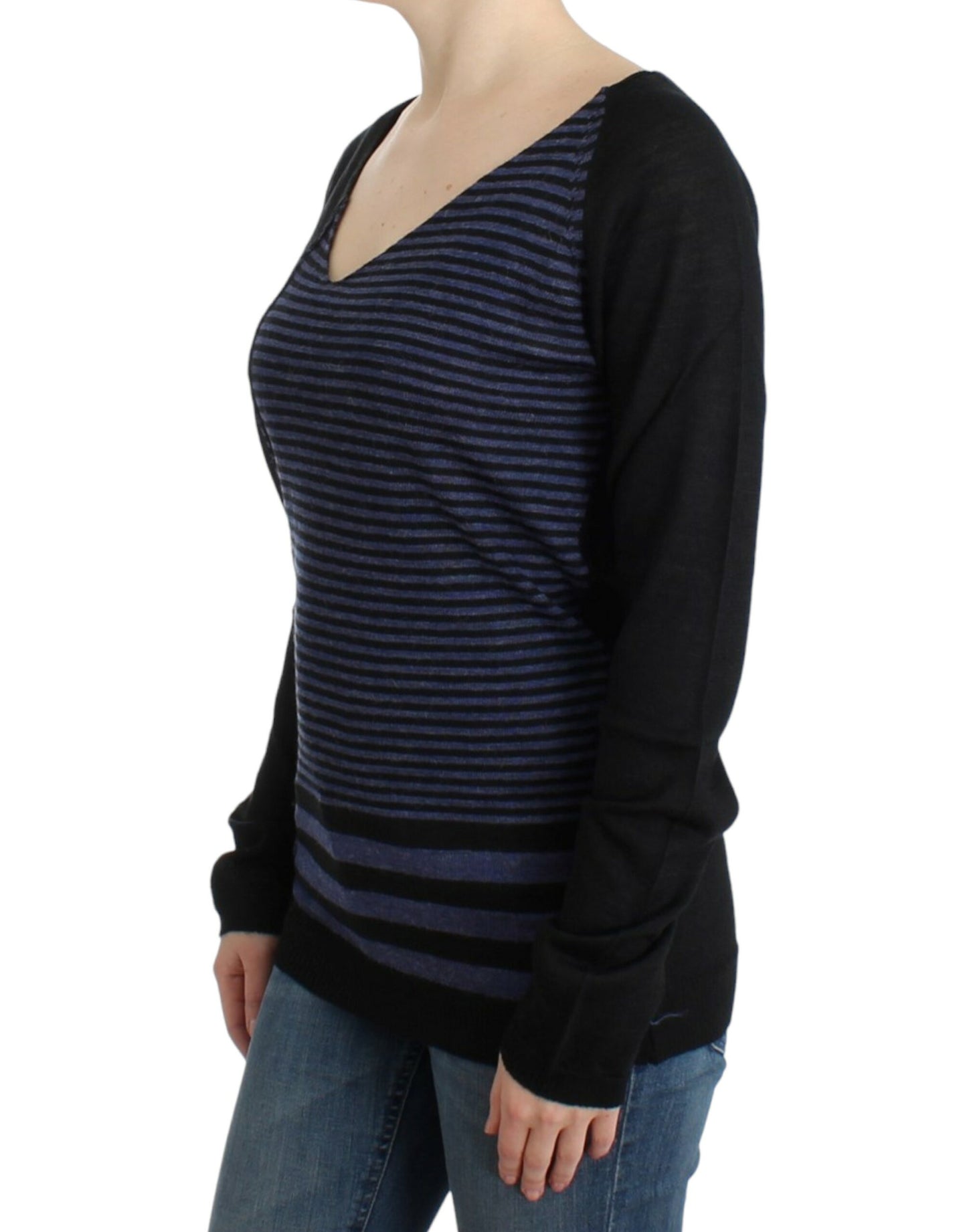 Black striped V-neck sweater