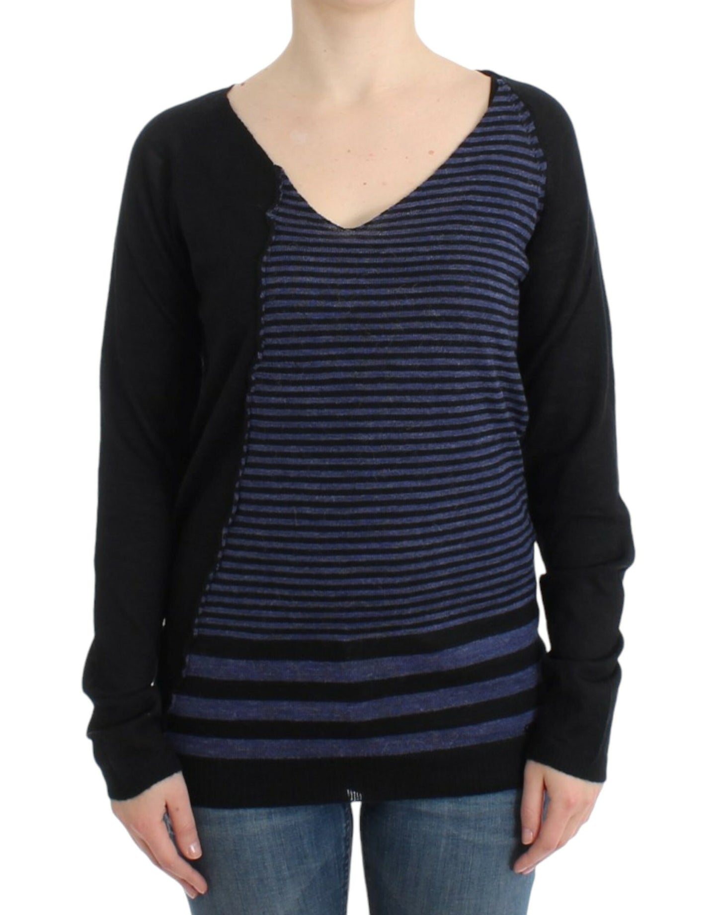 Black striped V-neck sweater