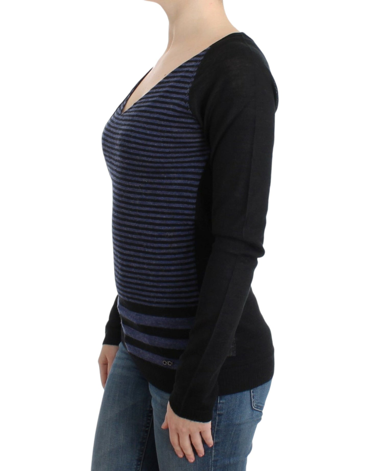 Black striped V-neck sweater