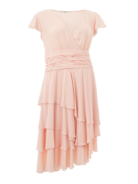 Elegant Pink Ruffled V-Neck Dress