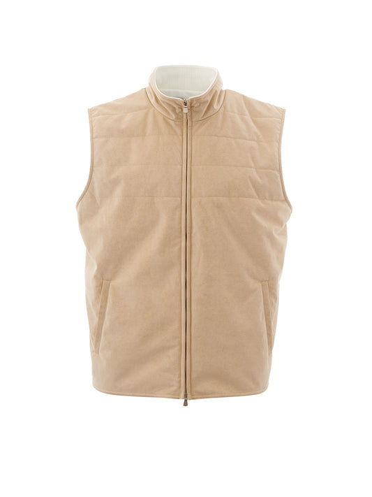 Elegant Beige Quilted Sleeveless Jacket