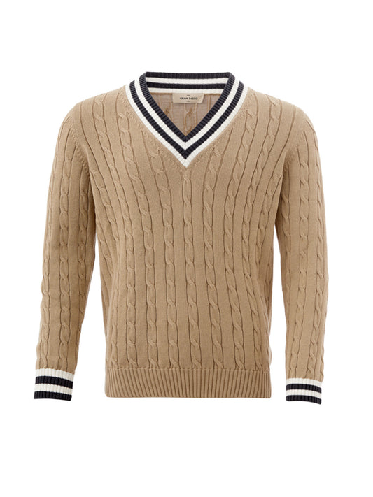 Classic Beige Cable-Knit V-Neck Sweater