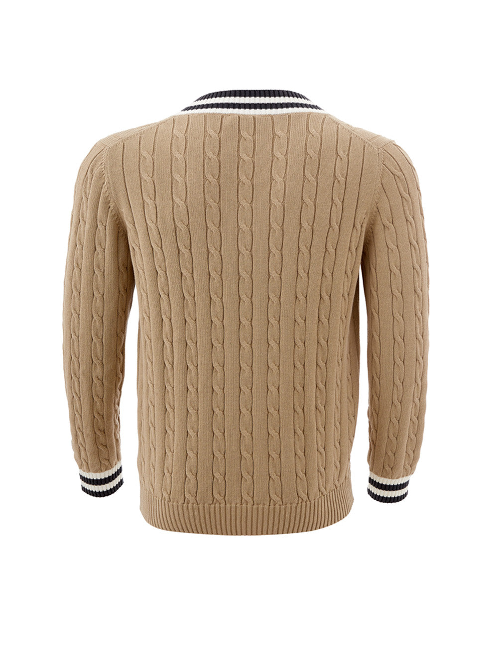 Classic Beige Cable-Knit V-Neck Sweater