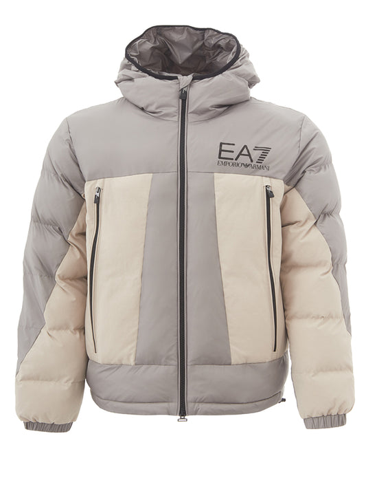 Beige Quilted Hooded Jacket with Zip Details