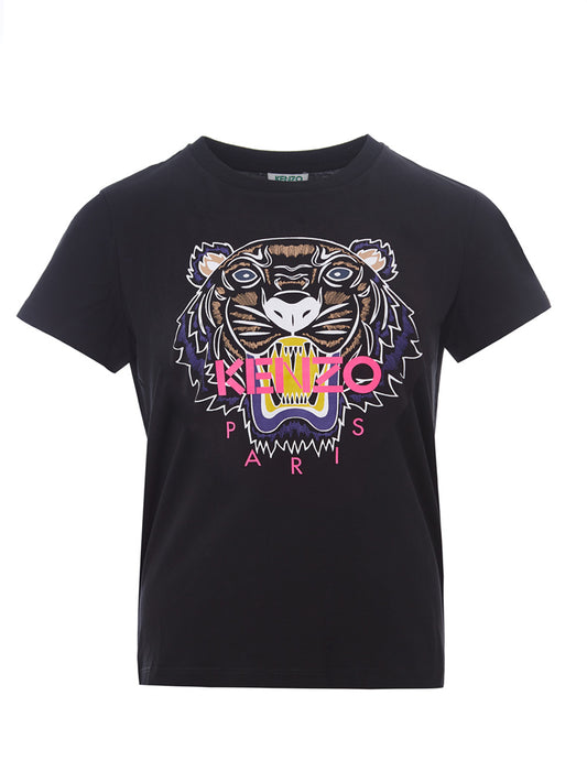 Elegant Black Cotton Tee with Iconic Tiger Motif