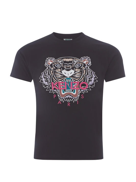 Elegant Black Cotton Tee with Iconic Tiger Print