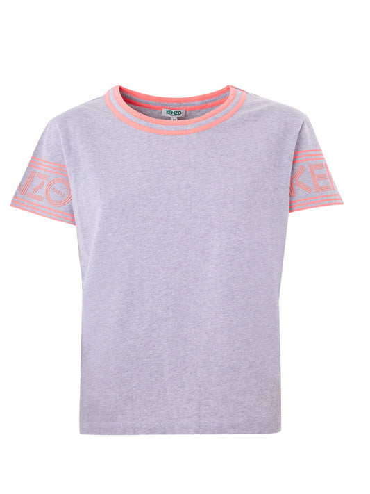 Chic Grey Cotton Tee with Neon Pink Accents