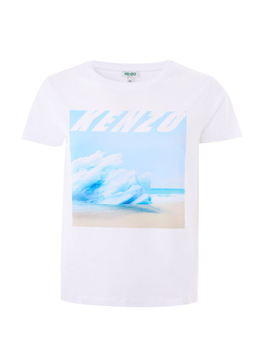 Elegant White Wave Print Cotton T-Shirt