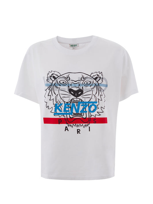 Elegant White Cotton Tee with Iconic Tiger Motif