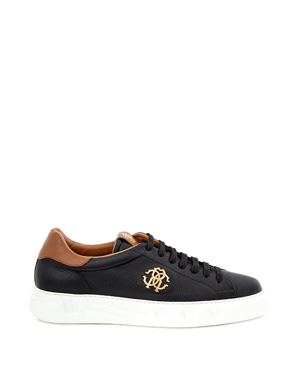 Sleek Black Leather Sneakers with Gold Accents