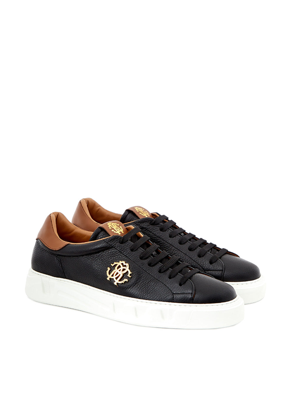 Sleek Black Leather Sneakers with Gold Accents