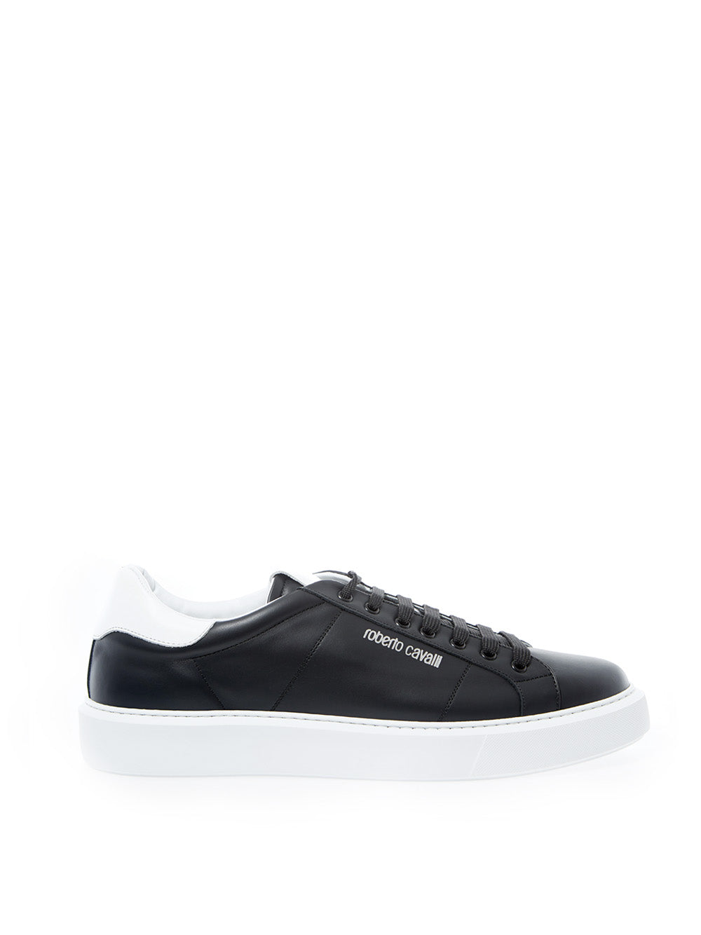 Elegant Black Leather Sneakers with Silver Logo