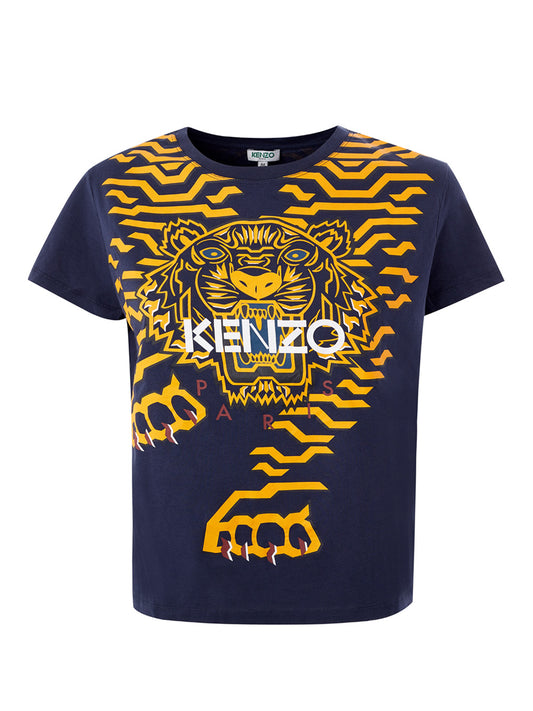 Electric Blue Cotton Tee with Iconic Tiger Motif