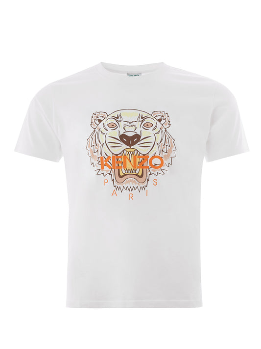 Elegant White Cotton Tee with Iconic Tiger Print