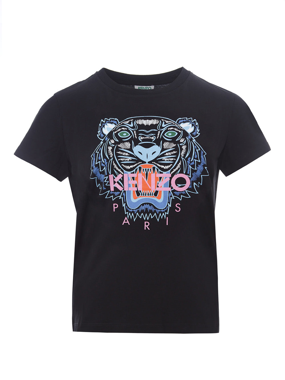 Elegant Black Cotton T-Shirt with Pink Tiger Print