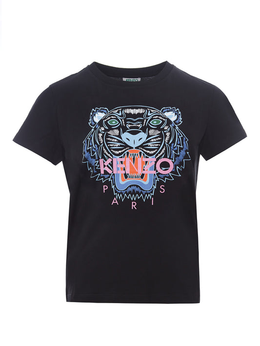 Elegant Black Cotton T-Shirt with Pink Tiger Print