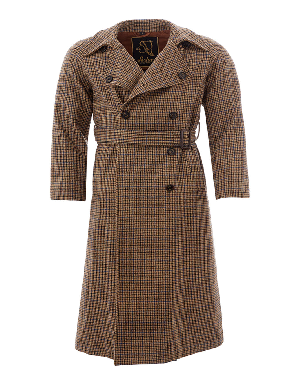 Chic Checkered Wool Long Coat in Brown