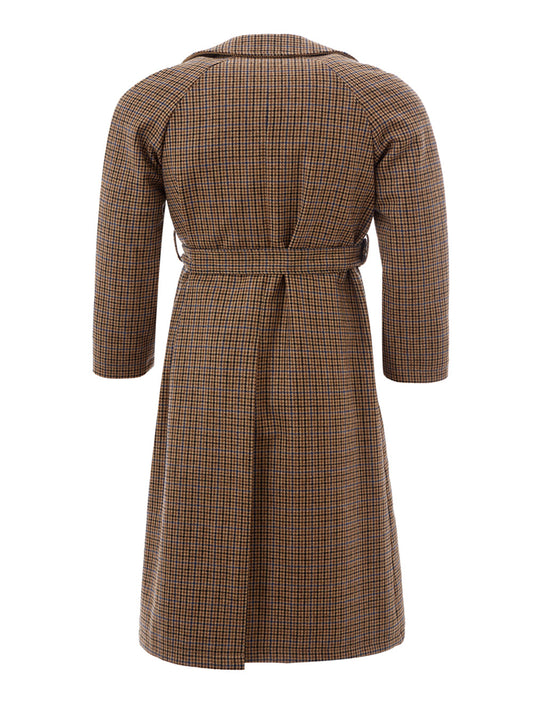 Chic Checkered Wool Long Coat in Brown