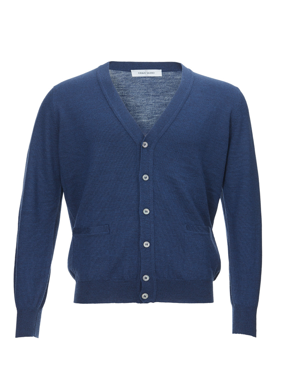 Elegant Blue Wool Cardigan with Pockets