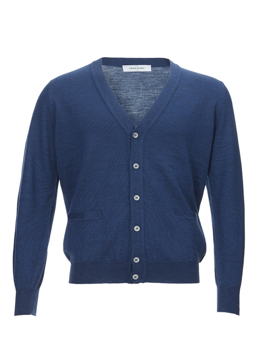 Elegant Blue Wool Cardigan with Pockets