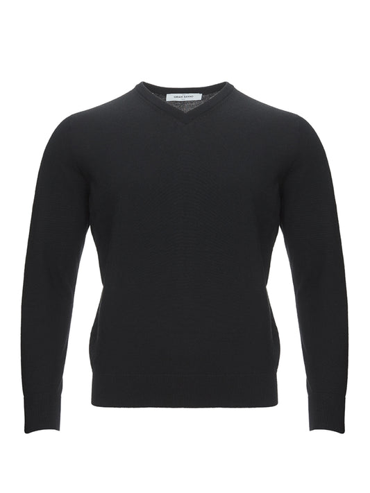 Elegant Black Wool V-Neck Men's Sweater