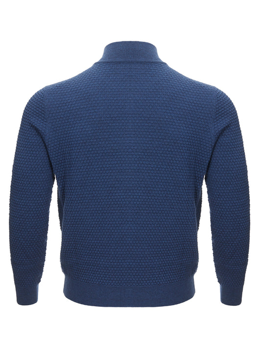 Elegant Blue Wool Mock Turtleneck Cardigan