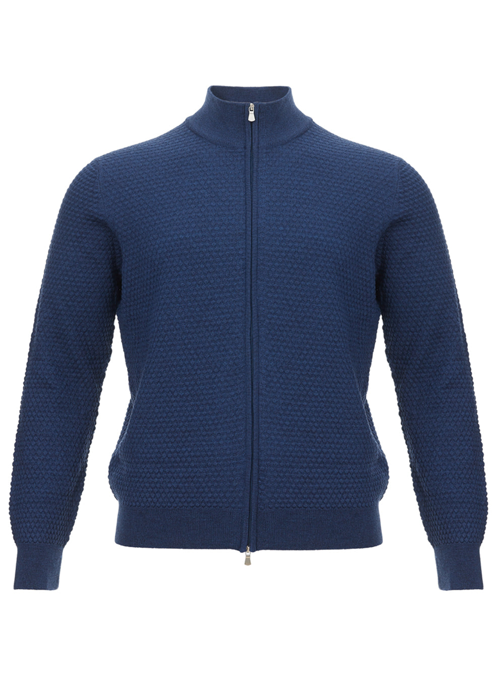 Elegant Blue Wool Mock Turtleneck Cardigan