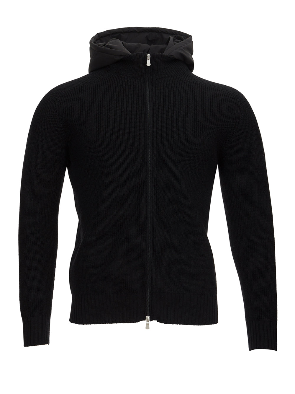 Elegant Black Wool Zip Cardigan with Quilted Hood