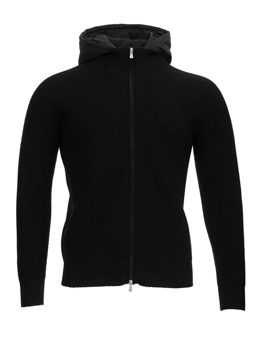 Elegant Black Wool Zip Cardigan with Quilted Hood