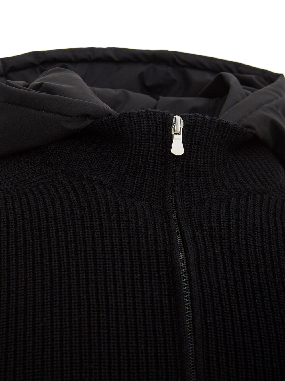 Elegant Black Wool Zip Cardigan with Quilted Hood