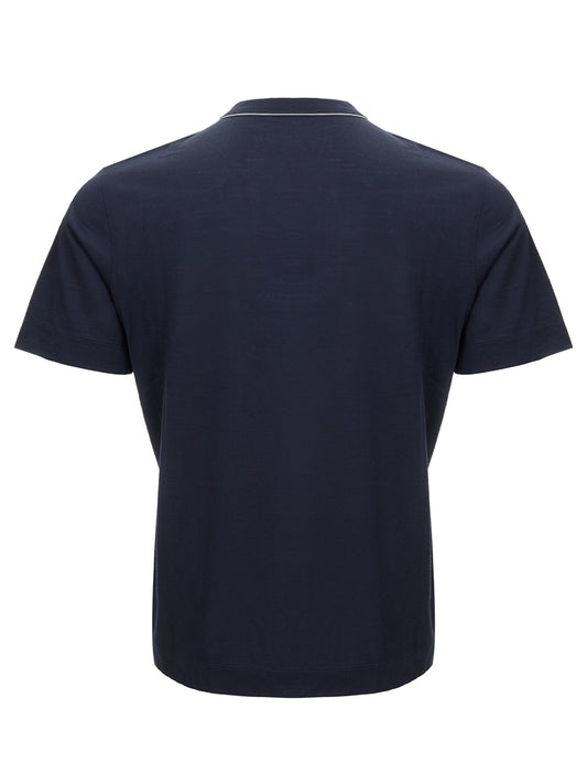 Elegant Blue Wool Tee with Piping Detail