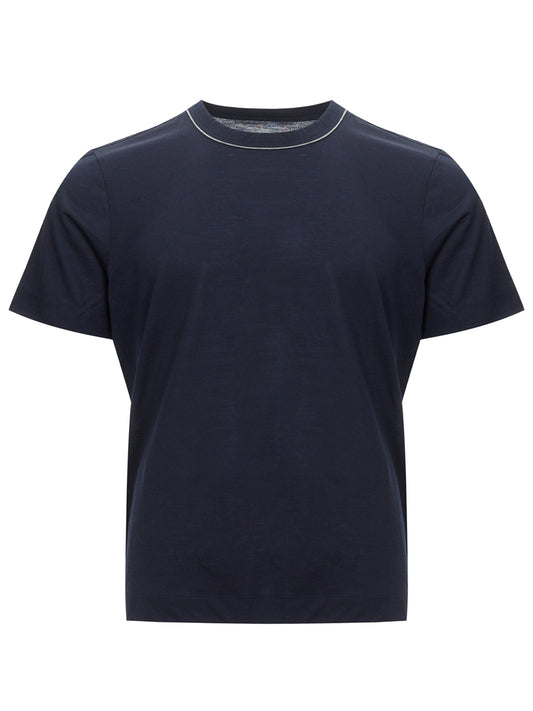 Elegant Blue Wool Tee with Piping Detail