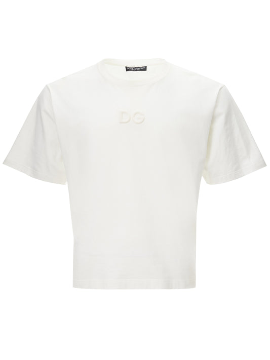 Elegant White Cotton Tee with 3D Logo