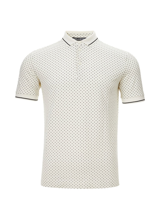 Elegant White Polka Dot Piquet Polo Shirt