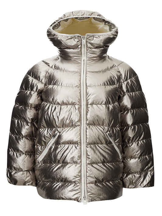 Elegant Silver Quilted Puffy Jacket Overfit Design