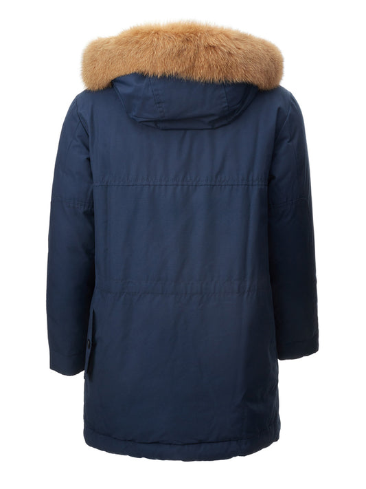 Elegant Blue Quilted Winter Parka with Fox Fur Collar