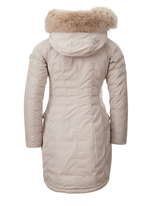 Elegant Quilted Mid-Length Beige Jacket with Fur