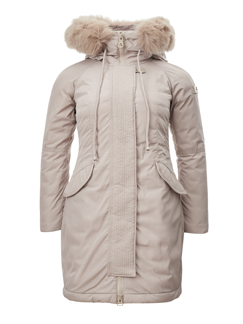 Elegant Quilted Mid-Length Beige Jacket with Fur