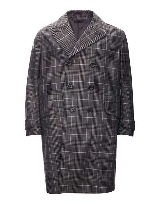 Elegant Grey Checked Mid-Length Trench