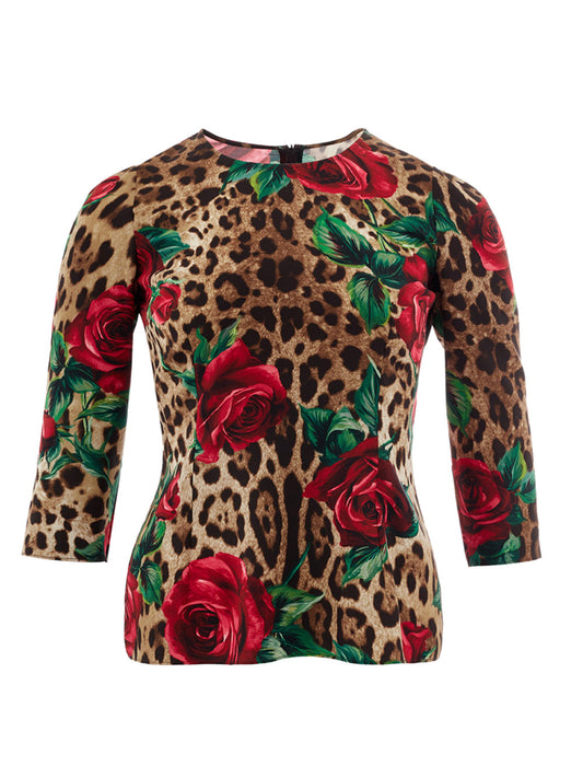 Elegant Leopard Print Silk Top with Rose Detail