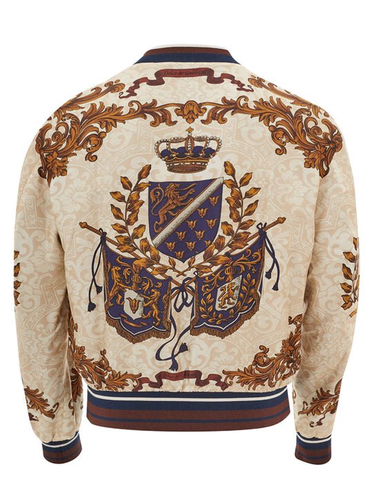 Beige Heraldry Silk Bomber Jacket