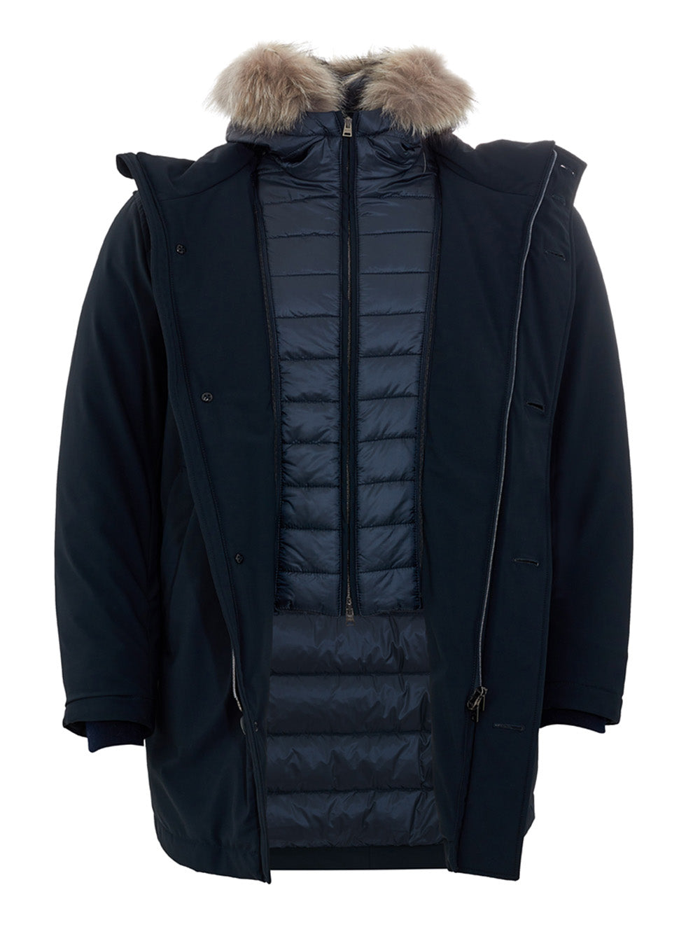 Elegant Blue Quilted Trench with Removable Hood