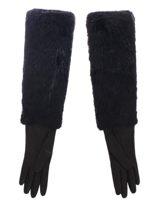 Black Beaver Fur Lambskin Leather Elbow Gloves