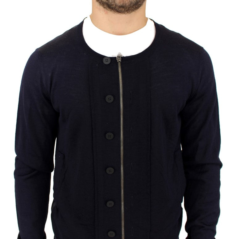 Elegant Blue Full Zip Wool Cardigan