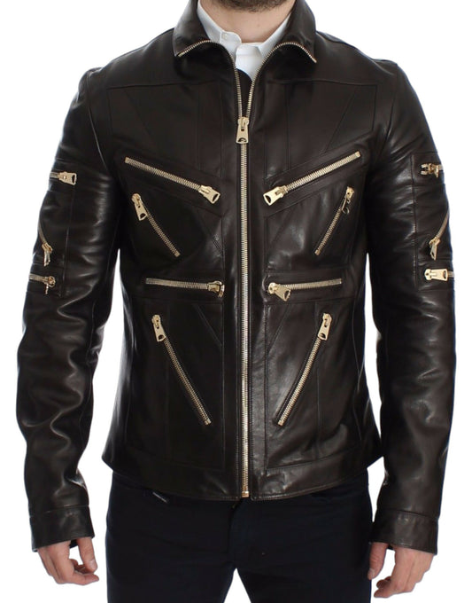 Brown Lambskin Leather Zipper Jacket