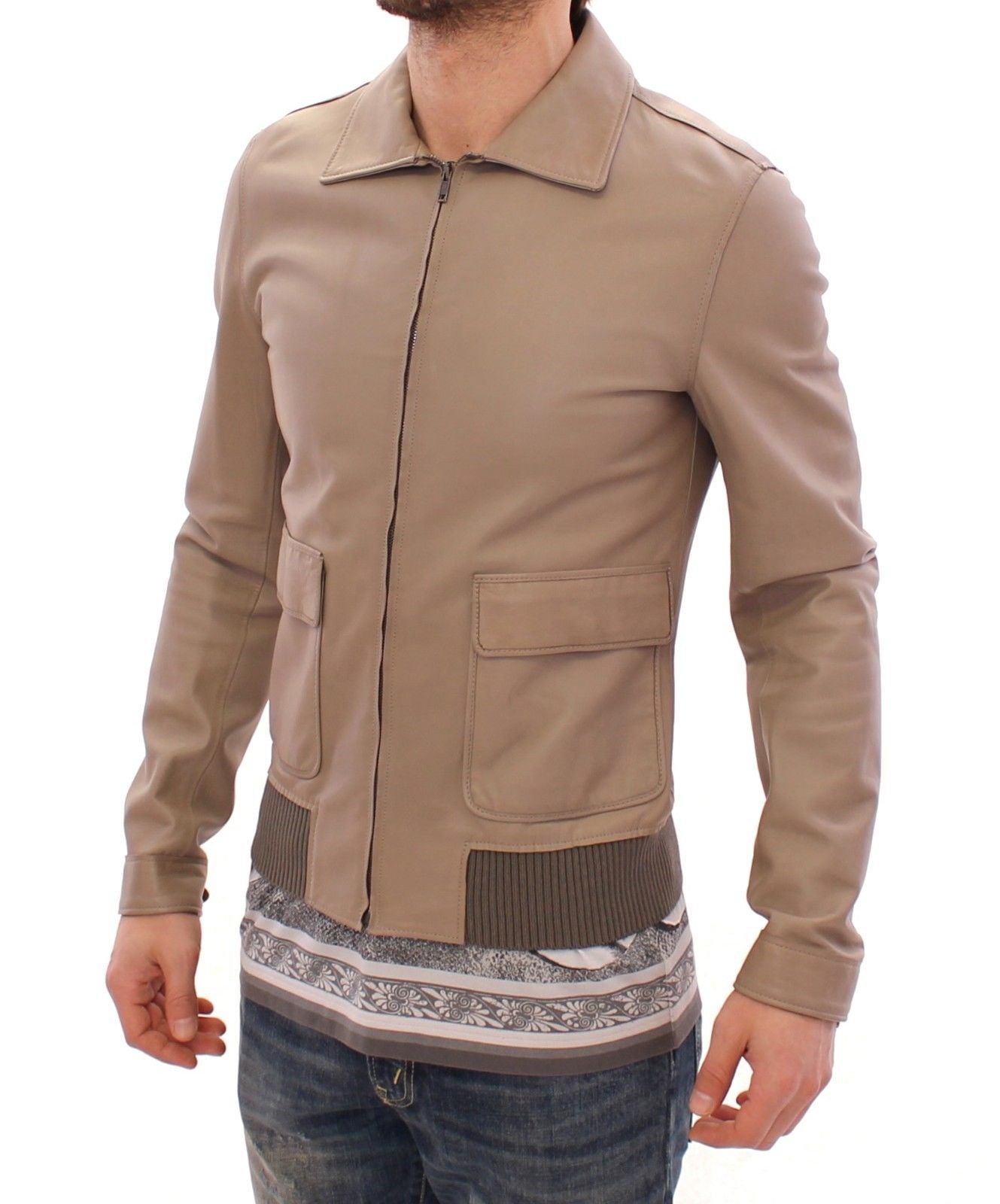 Elegant Beige Lambskin Leather Jacket