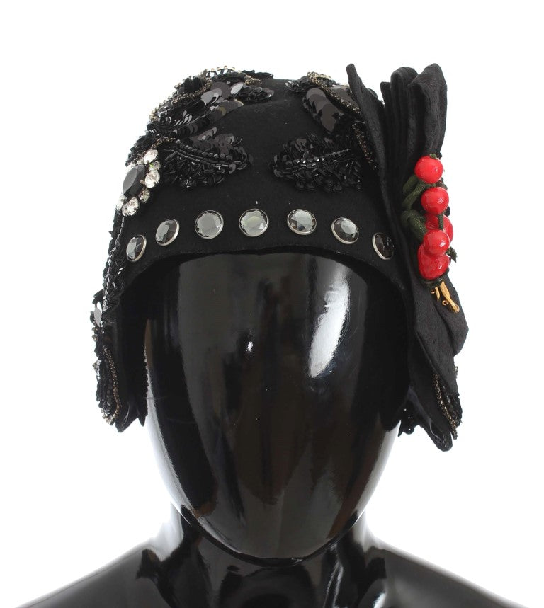 Elegant Black Crystal-Adorned Cloche Hat